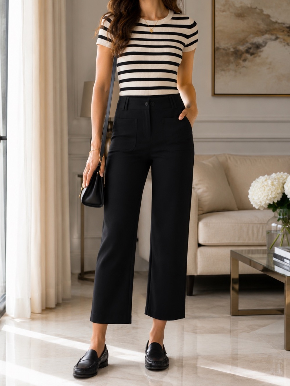 High-Rise Wide-Leg Black Crop Pants